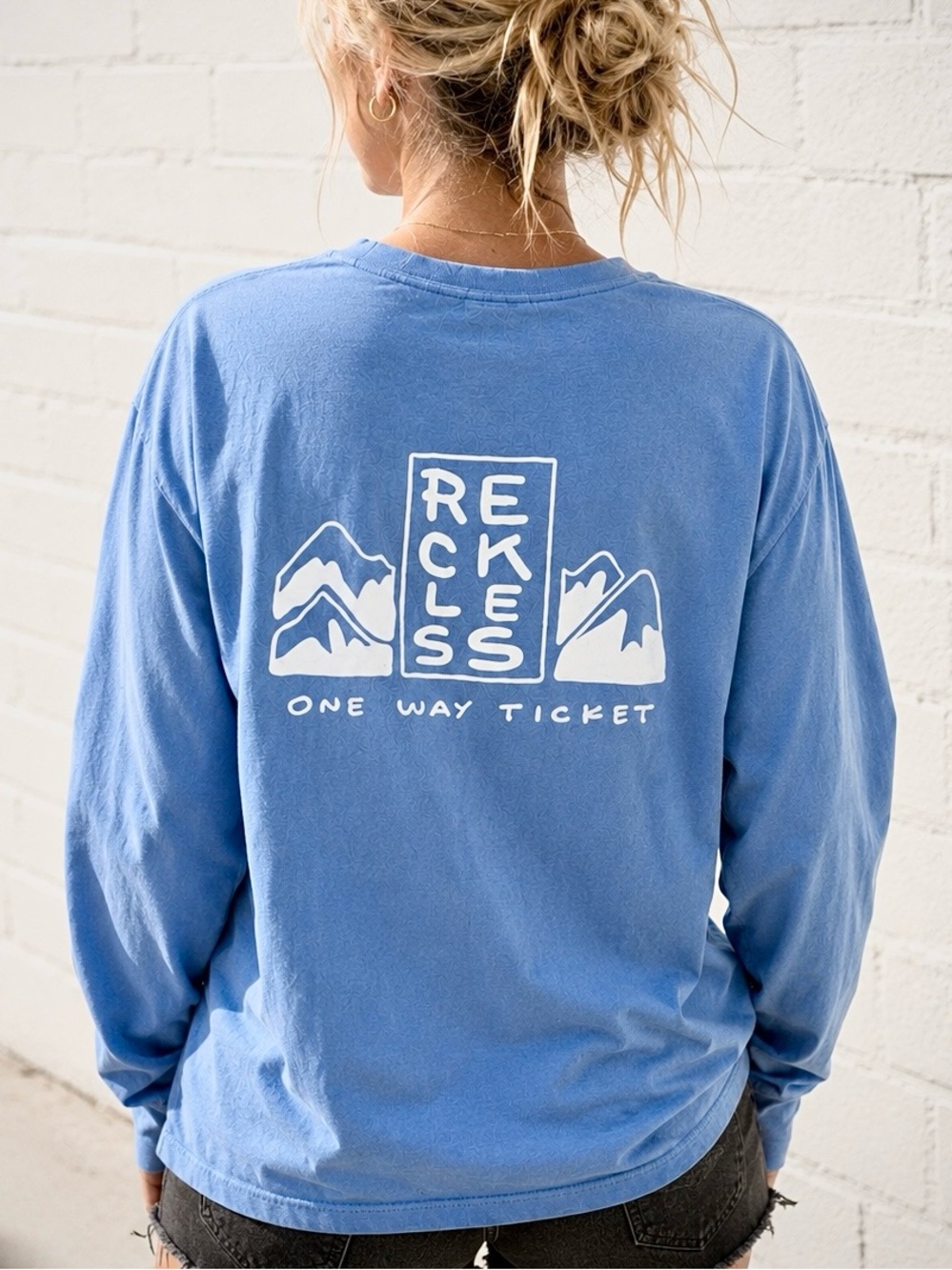 Notice The Reckless Periwinkle Blue Graphic Long Sleeve Shirt One Way Ticket - Picture 12 of 12